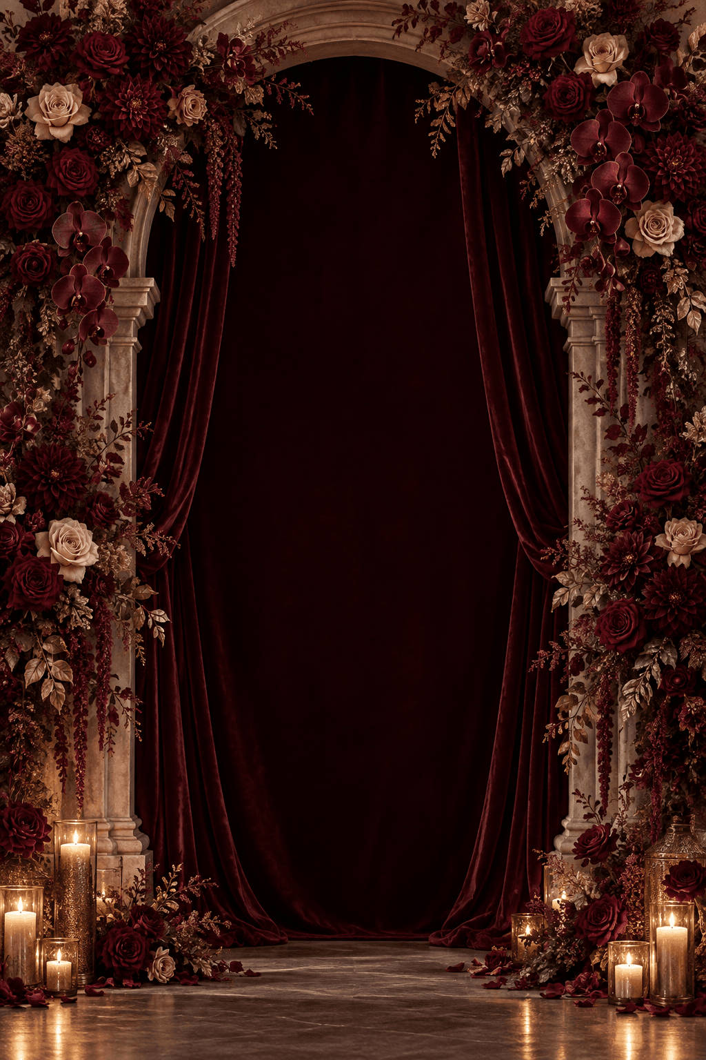 Burgundy floral arch with roses, orchids and velvet drapery