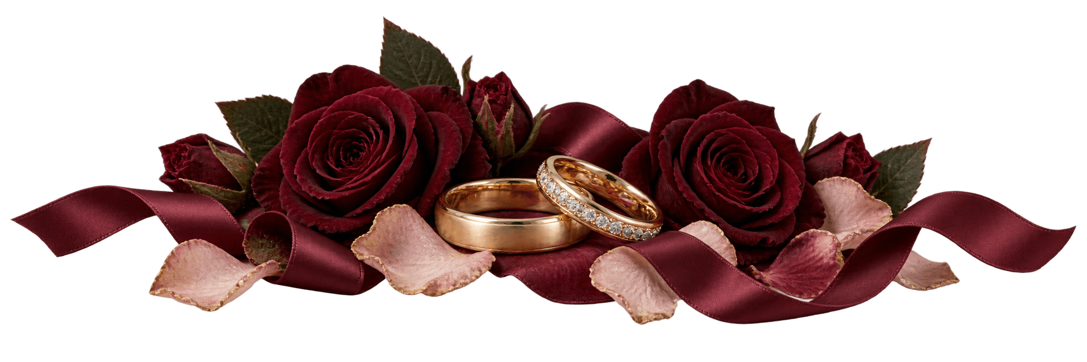 Wedding rings with burgundy roses and ribbon